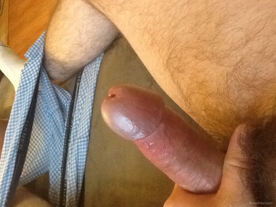 My rock hard dick with a little pre cum on the head of the penis