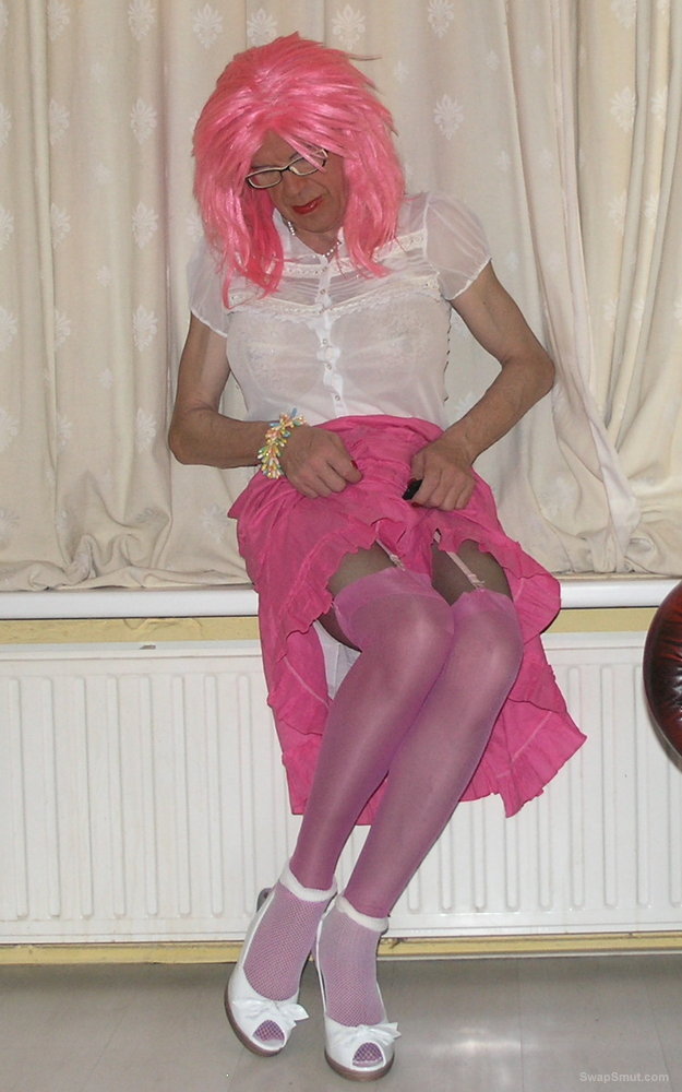 pink stockings over grey phose
