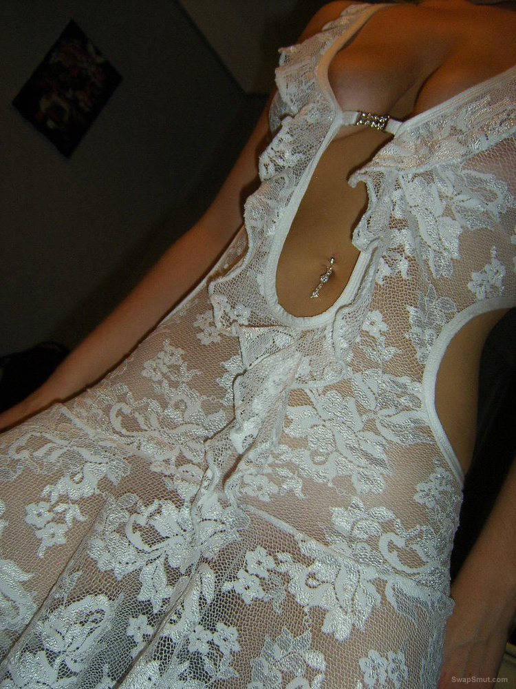 Wife wearing white lace lingerie to seduce me