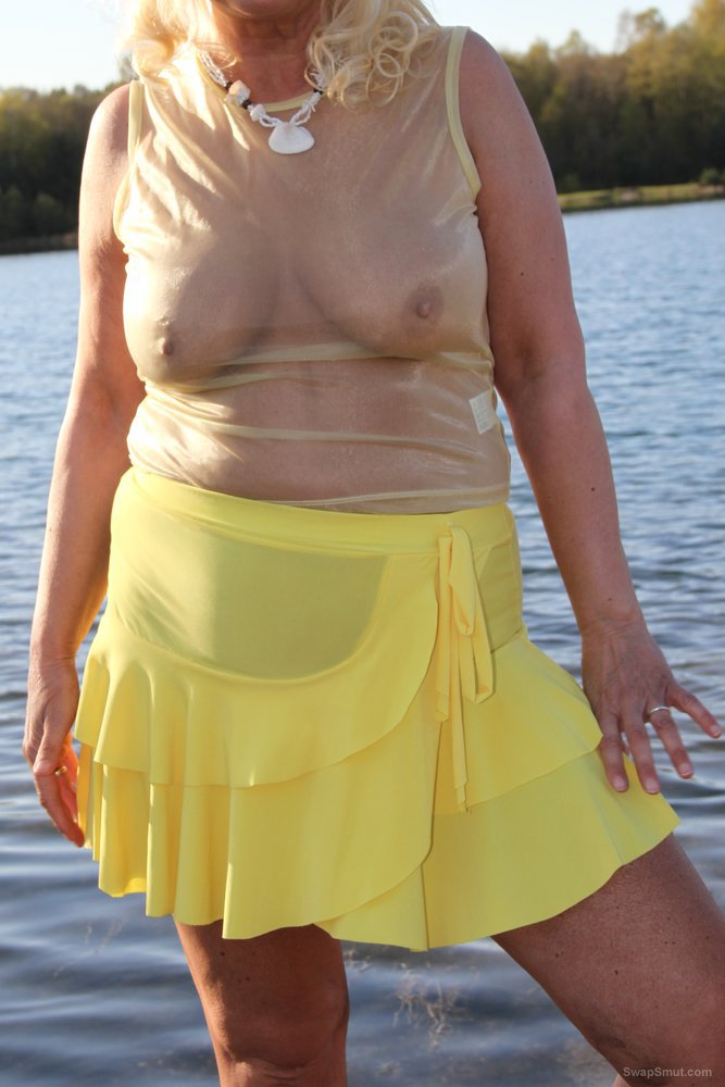 Summertime at the lake with my yellow dress flashing for you be kind please