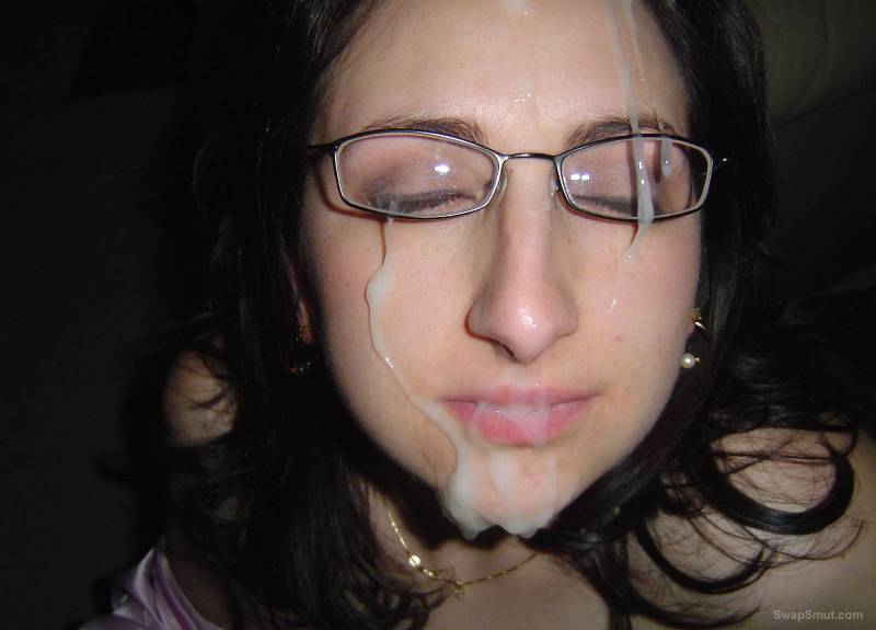 Girlfriends face covered in spunk all dripping off her chin and cheek