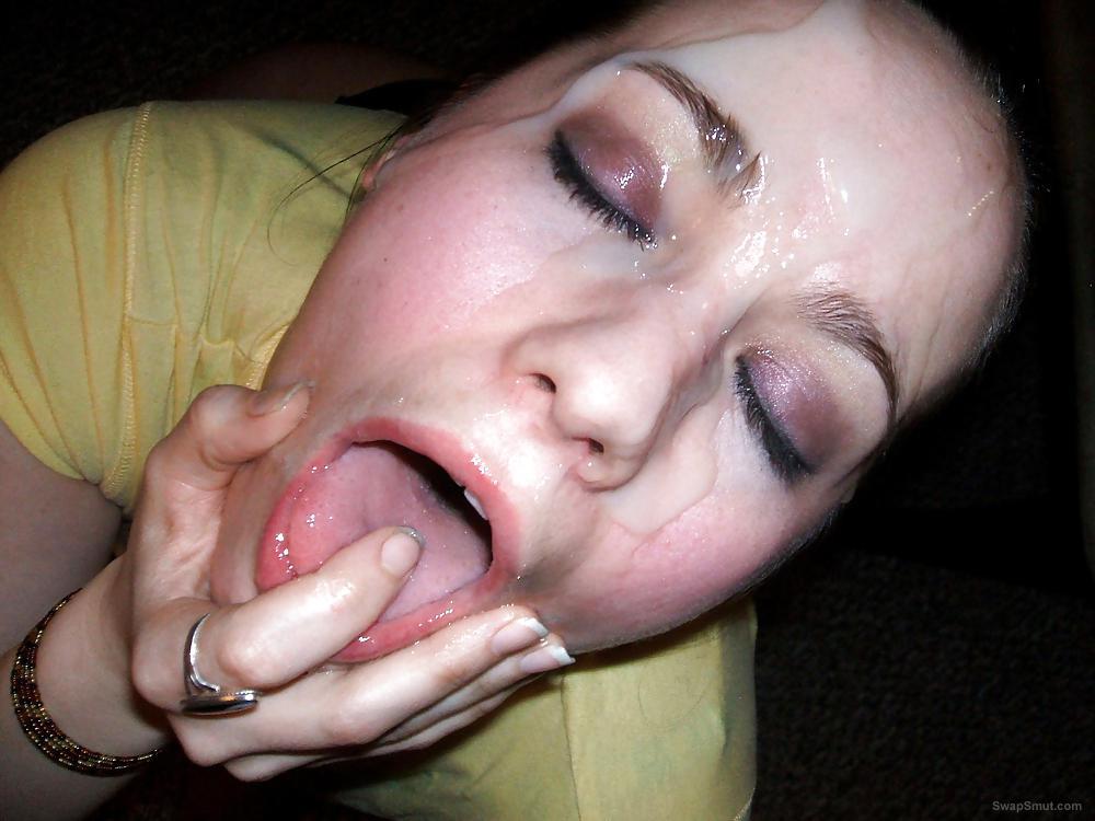 Total whore addicted cum running down her face drenched with jizz