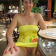 Sexy milf going commando in public places exhibiting her pussy and tits