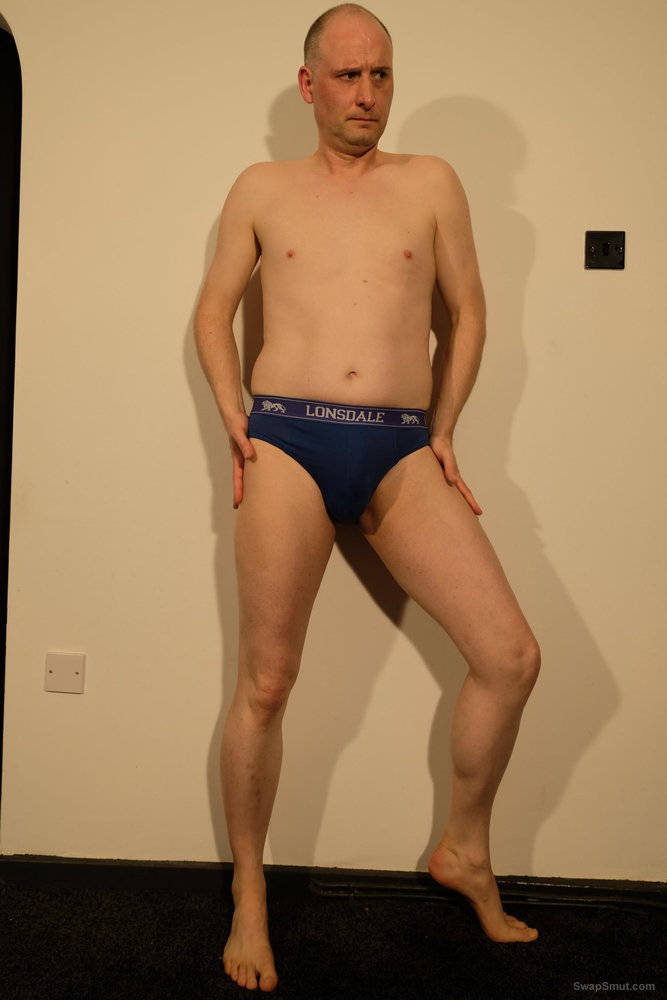 Full body pose blue briefs and wanks